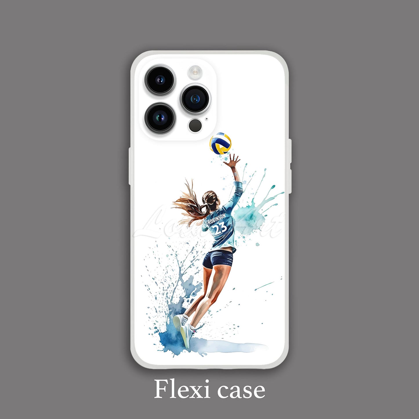 Girl volleyball personalized sports phone case dynamic watercolor art, custom name & jersey number, flexi case lifestyle