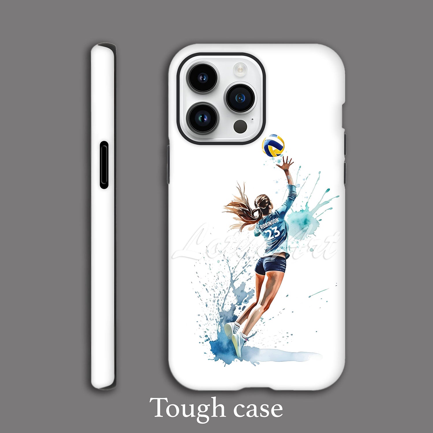 Girl volleyball personalized sports phone case dynamic watercolor art, custom name & jersey number, tough case featured