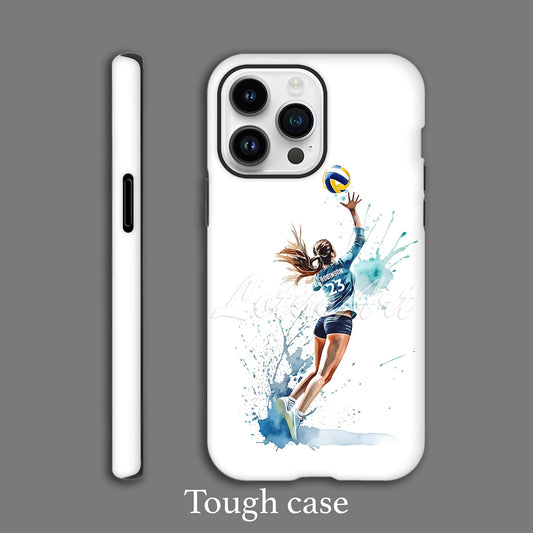 Girl volleyball personalized sports phone case dynamic watercolor art, custom name & jersey number, tough case featured