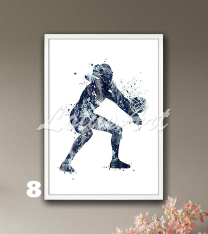Girl volleyball player watercolor sports art in navy tones - kids room wall art