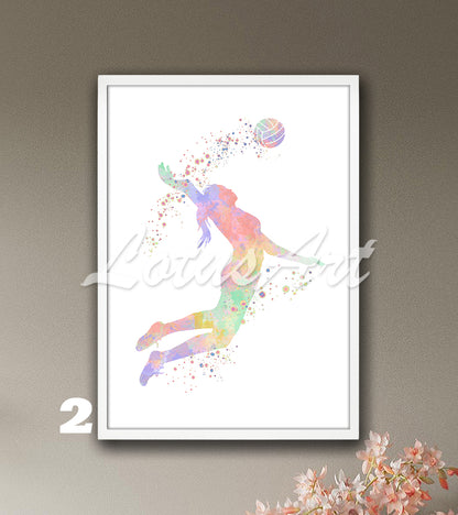 Girl volleyball player watercolor sports art in pastel colors - girls room poster