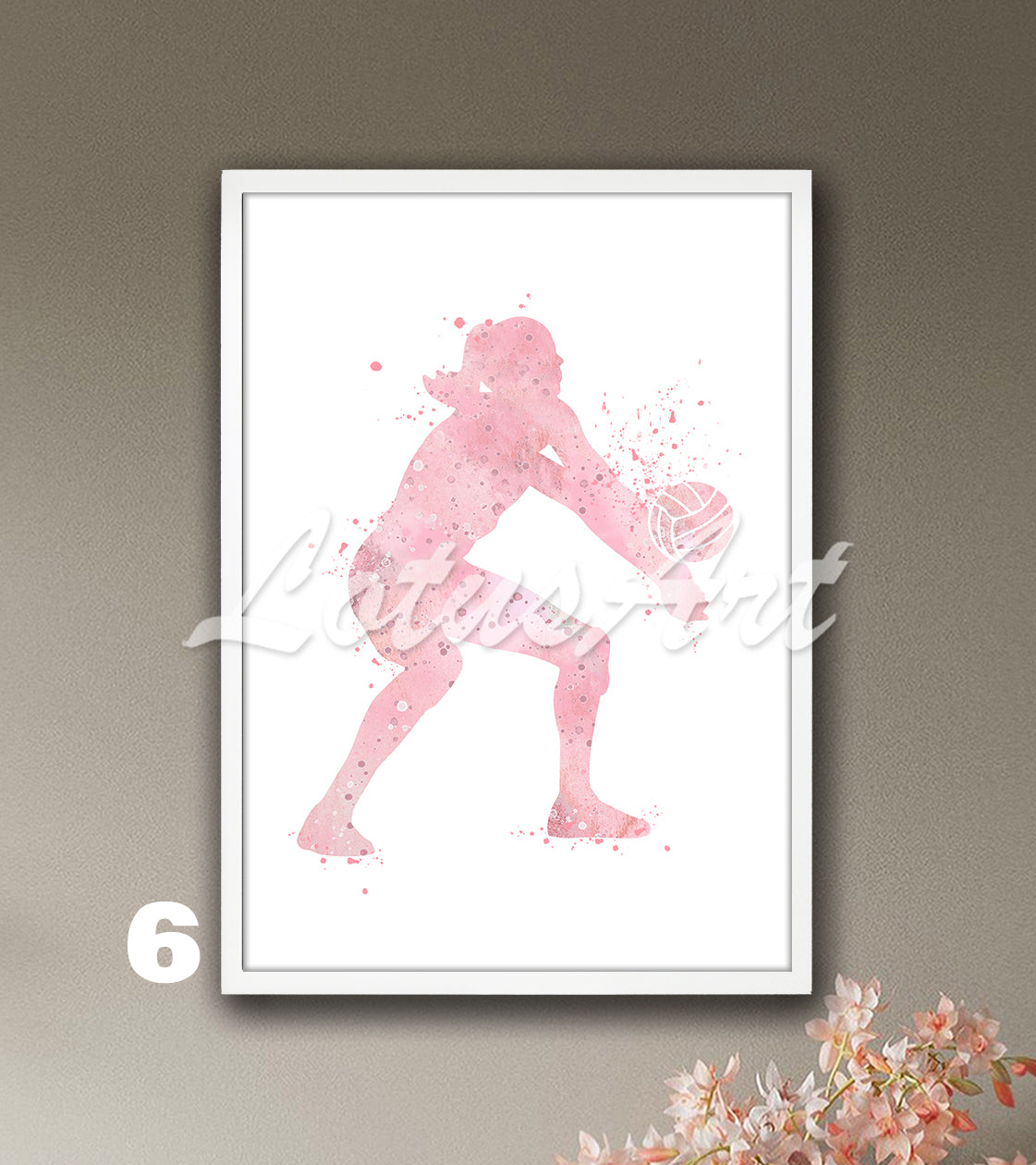 Girl volleyball player watercolor sports art in light pink tones - kids room wall decor
