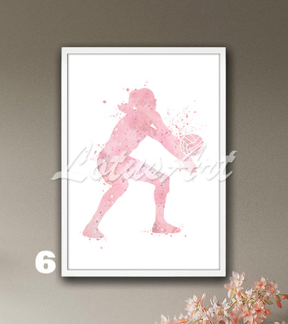 Girl volleyball player watercolor sports art in light pink tones - kids room wall decor