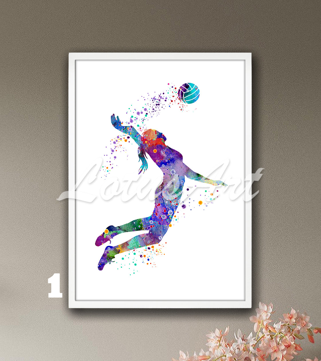 Girl volleyball player watercolor sports art print in vibrant multicolor tones - kids room wall decor