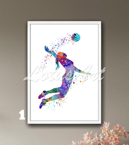 Girl volleyball player watercolor sports art print in vibrant multicolor tones - kids room wall decor