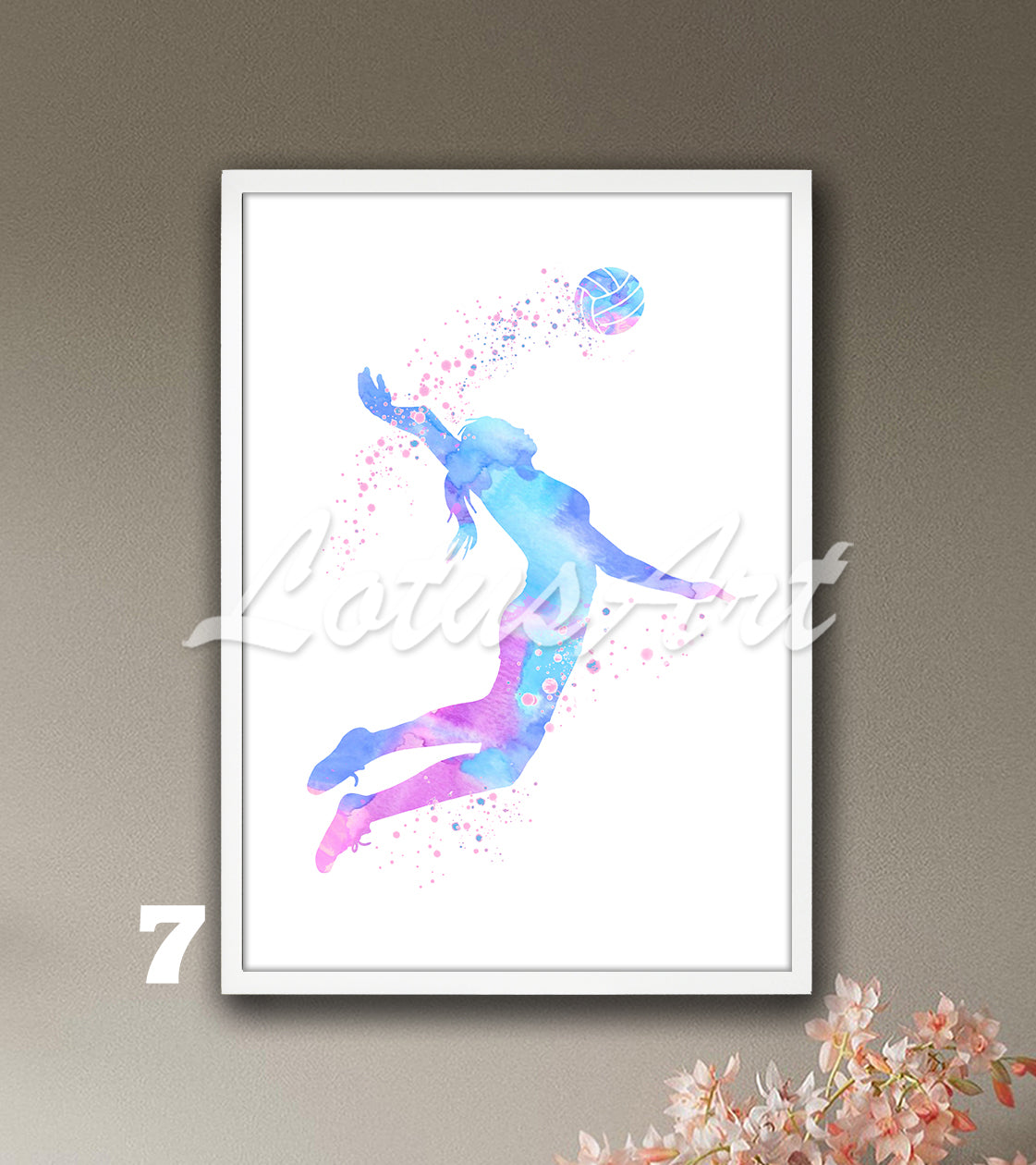 Girl volleyball player watercolor sports wall art in blue and pink bright tones - kids room decor