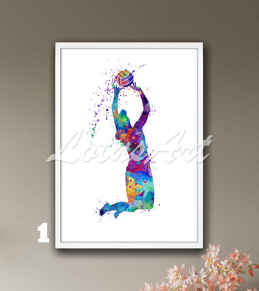 Girl volleyball setter watercolor sports art print in colorful tones - girls room decor