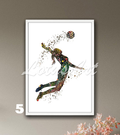 Girl volleyball watercolor sports wall art decor in brown tones - kids room poster