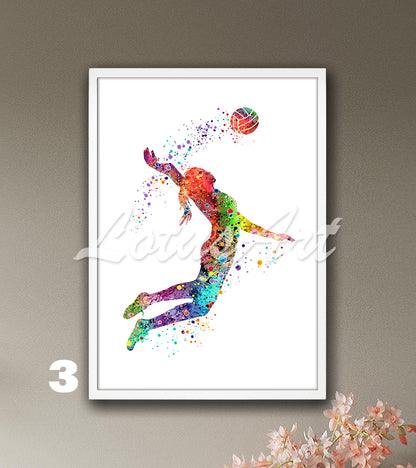 Girl volleyball watercolor sports wall decor in bright colors - kids room art
