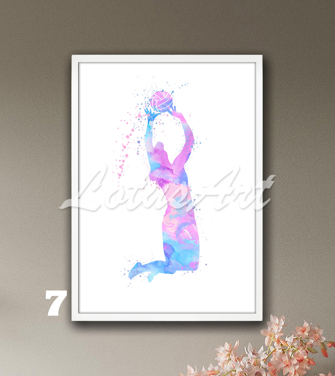 Girl volleyball watercolor wall art sports print in bright pink-blue colors - kids room decor
