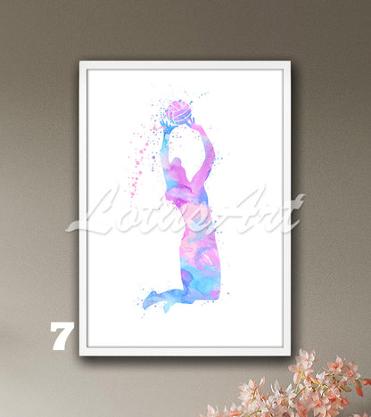 Girl volleyball watercolor wall art sports print in bright pink-blue colors - kids room decor