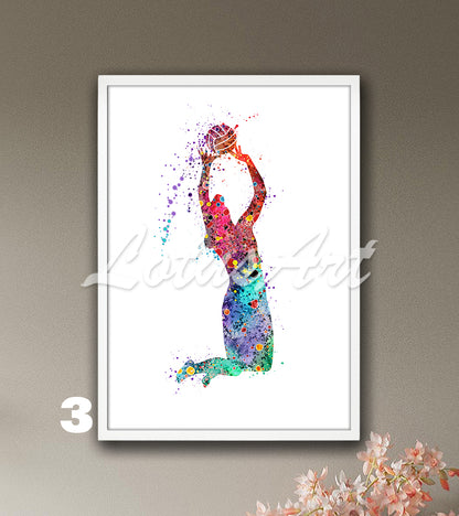 Girl volleyball watercolor wall art sports decor in bright tones - kids room poster