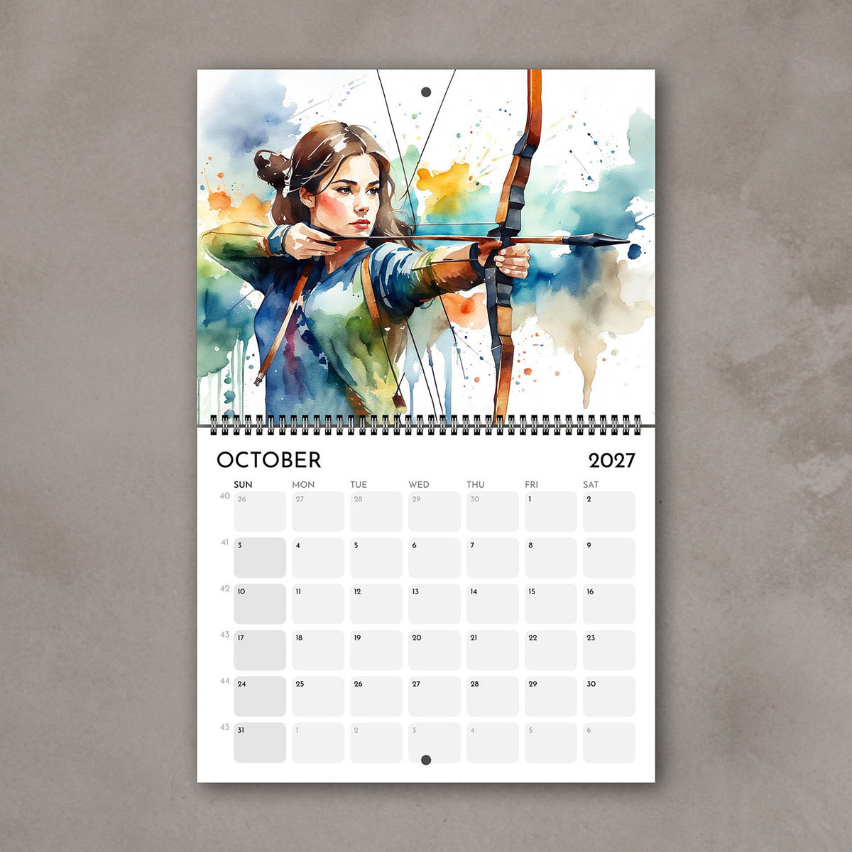 2027 Girls sports watercolor wall art calendar October page with archery girl artwork in vivid colors
