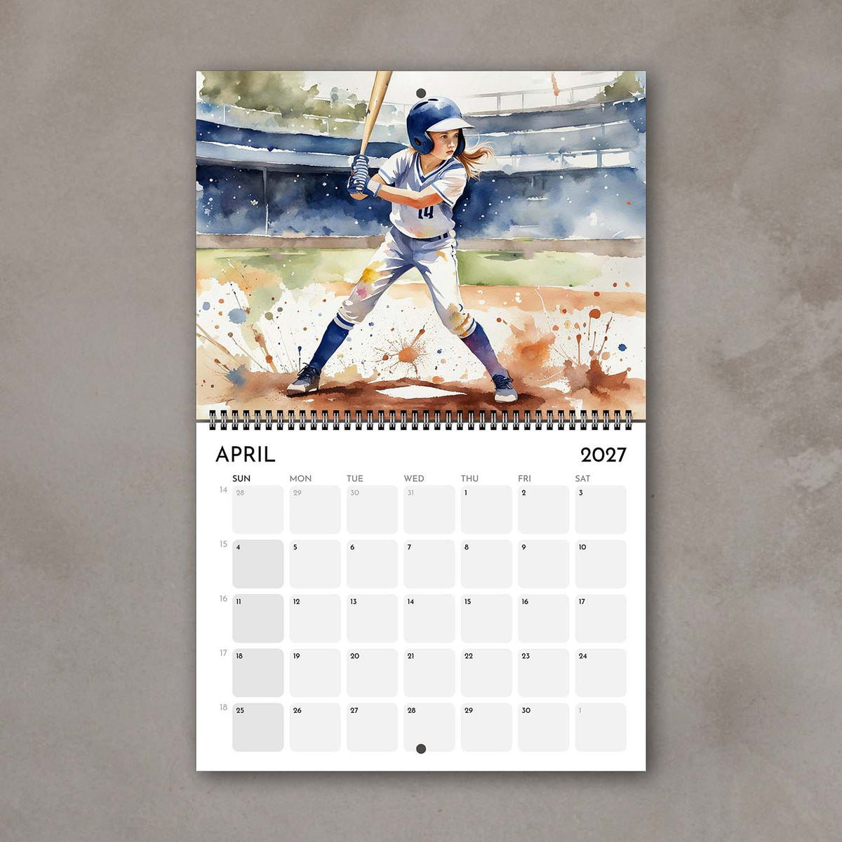 2027 Girls sports watercolor wall art calendar April page with baseball girl illustration in pastel tones