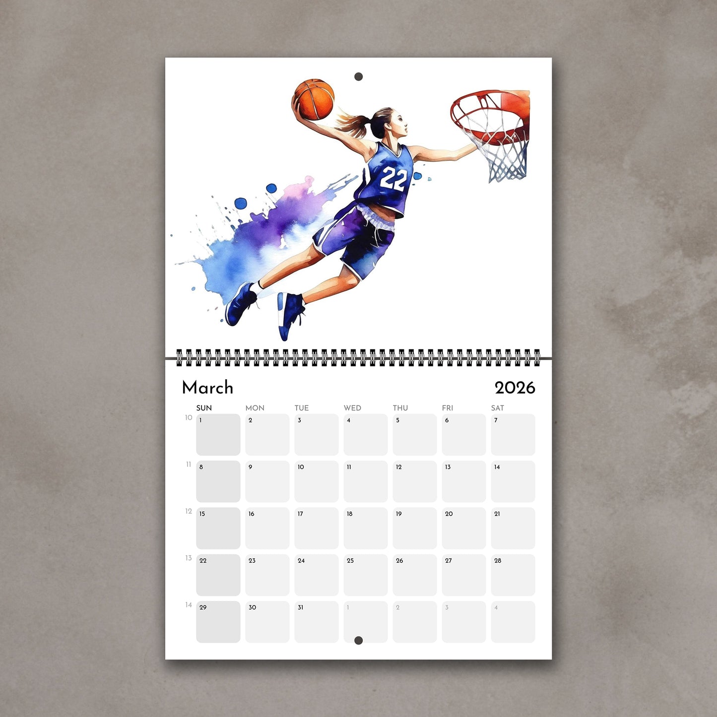2026 Girls sports watercolor wall art calendar March page with basketball girl design, planner & sports art gift for girls