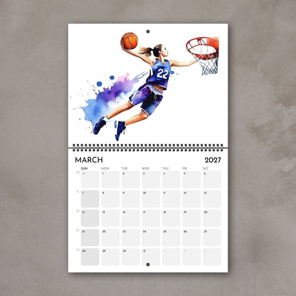 2027 Girls sports watercolor wall art calendar March page with basketball girl artwork in vivid colors