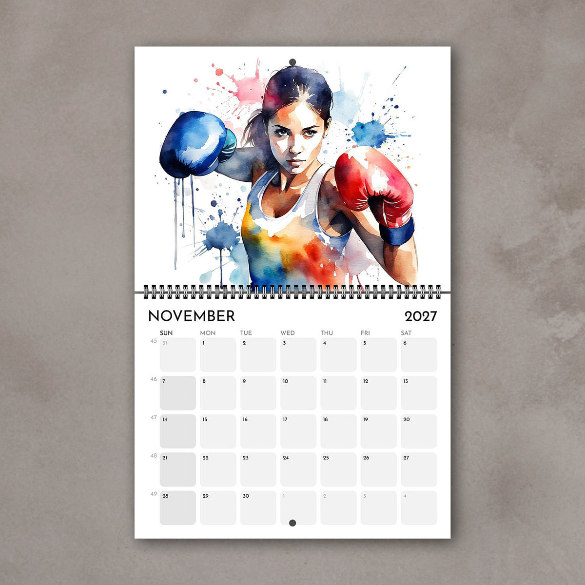 2027 Girls sports watercolor wall art calendar November page with boxing girl artwork in bright colors