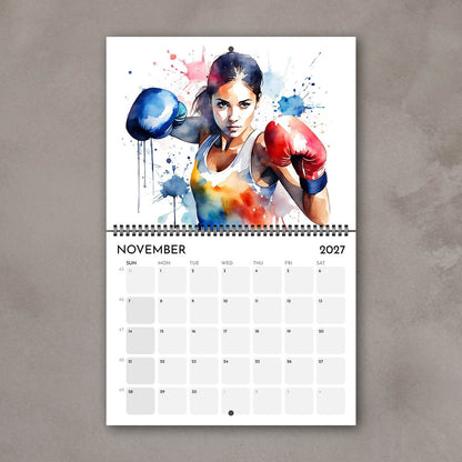 2027 Girls sports watercolor wall art calendar November page with boxing girl artwork in bright colors