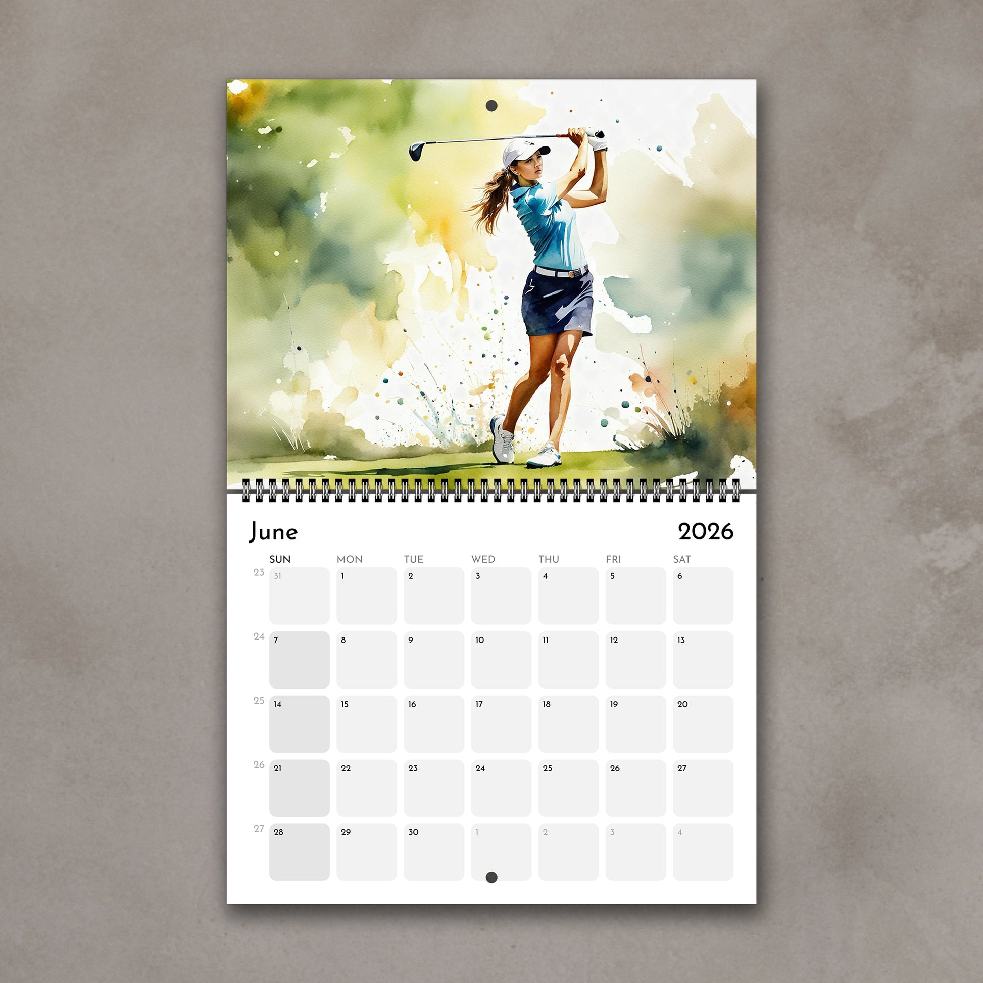 2026 Girls sports watercolor wall art calendar June page with golf girl design, planner & sports art gift for girls