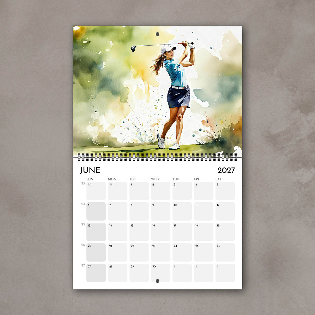 2027 Girls sports watercolor wall art calendar June page with golf girl illustration in vivid green tones