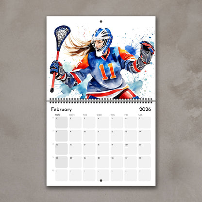 2026 Girls sports watercolor wall art calendar February page with lacrosse goalie design, planner & sports art gift for girls