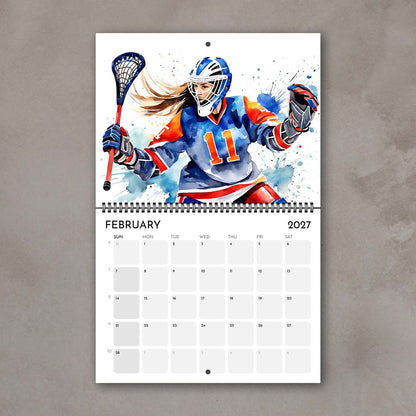 2027 Girls sports watercolor wall art calendar February page with lacrosse goalie girl artwork in bright colors