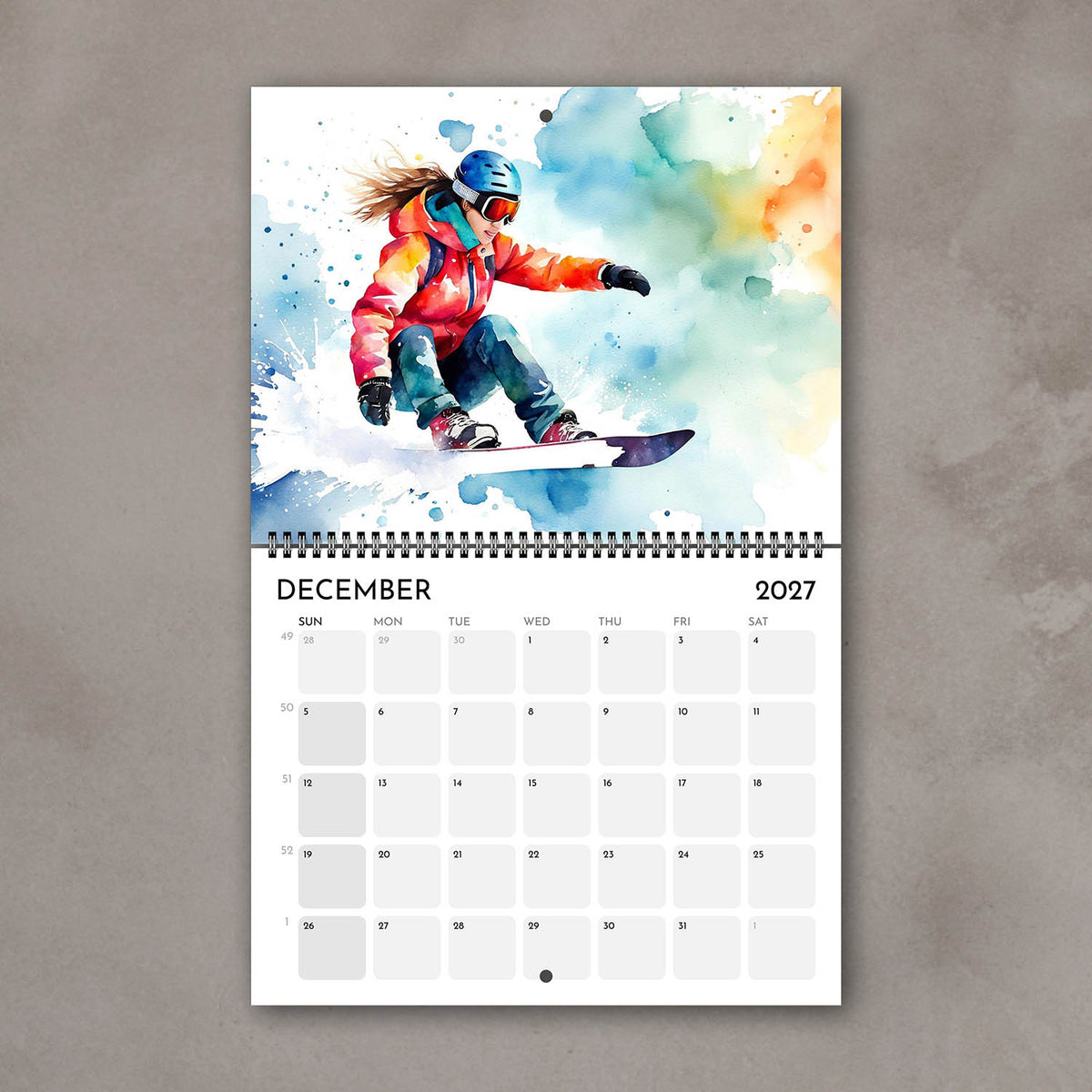 2027 Girls sports watercolor wall art calendar December page with snowboarding girl design in bright colors