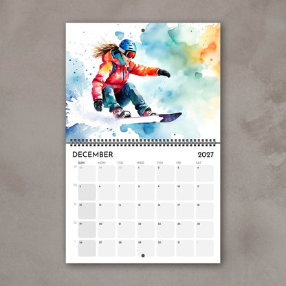 2027 Girls sports watercolor wall art calendar December page with snowboarding girl design in bright colors