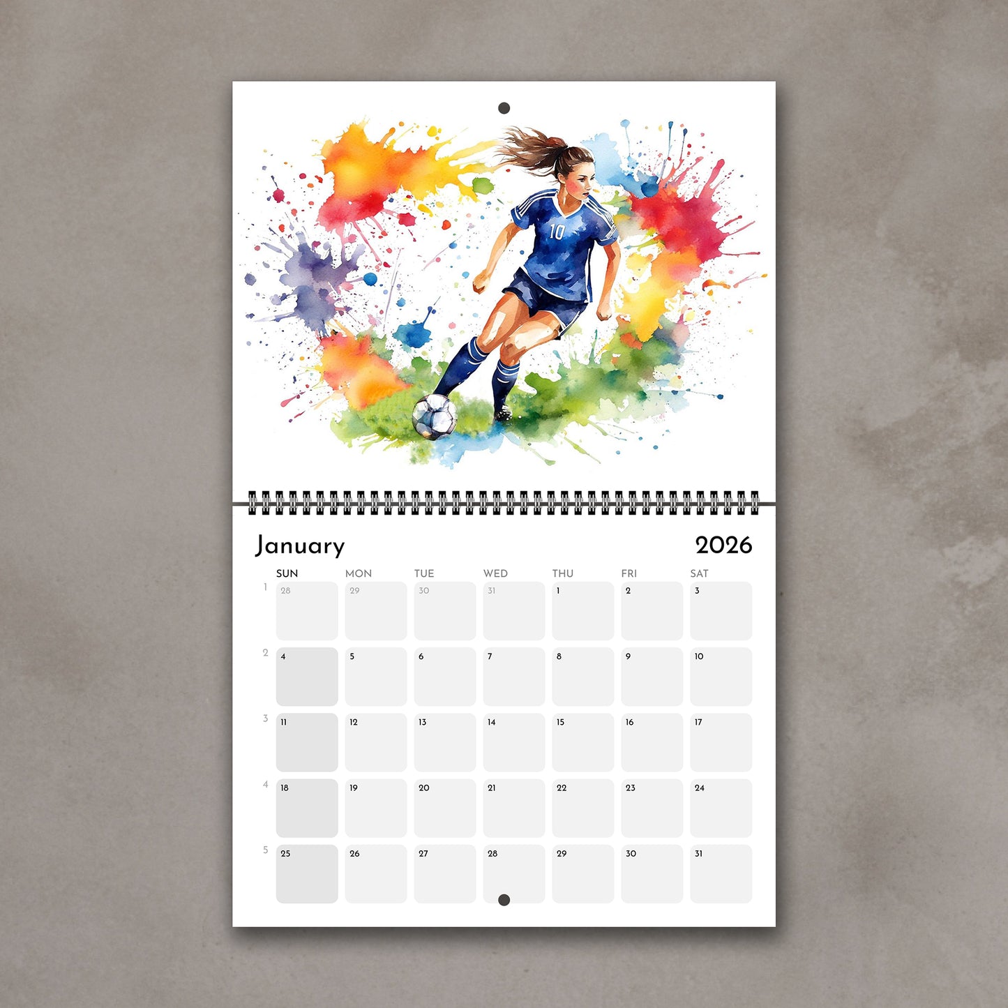2026 Girls sports watercolor wall art calendar January page with soccer girl design, planner & sports art gift for girls