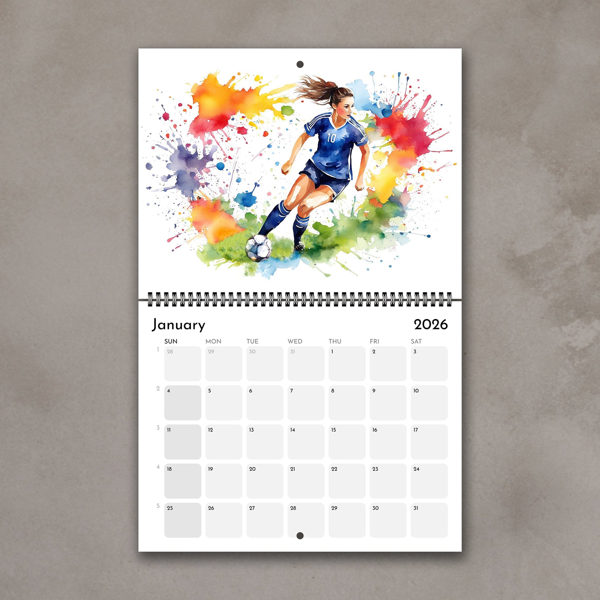 2026 Girls sports watercolor wall art calendar January page with soccer girl design, planner & sports art gift for girls