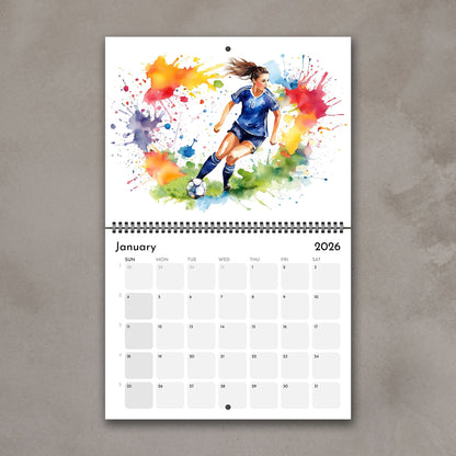 2026 Girls sports watercolor wall art calendar January page with soccer girl design, planner & sports art gift for girls