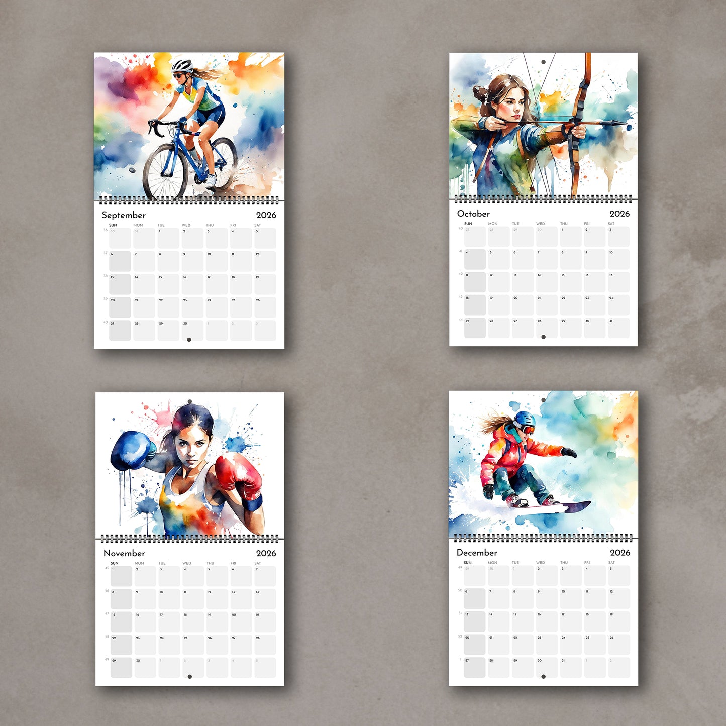 2026 Girls sports watercolor wall art calendar all months overview, planner & sports art gift for girls