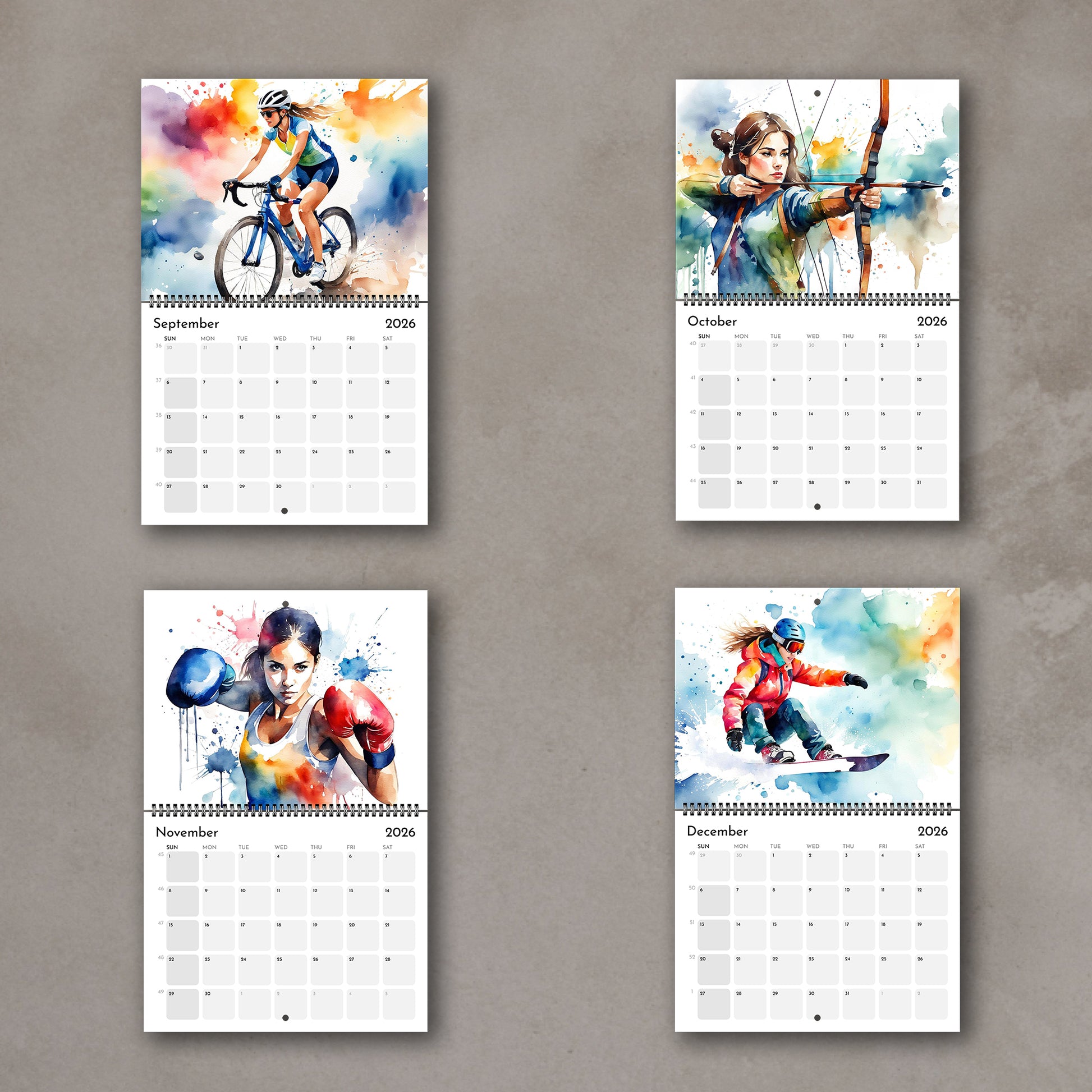 2026 Girls sports watercolor wall art calendar all months overview, planner & sports art gift for girls
