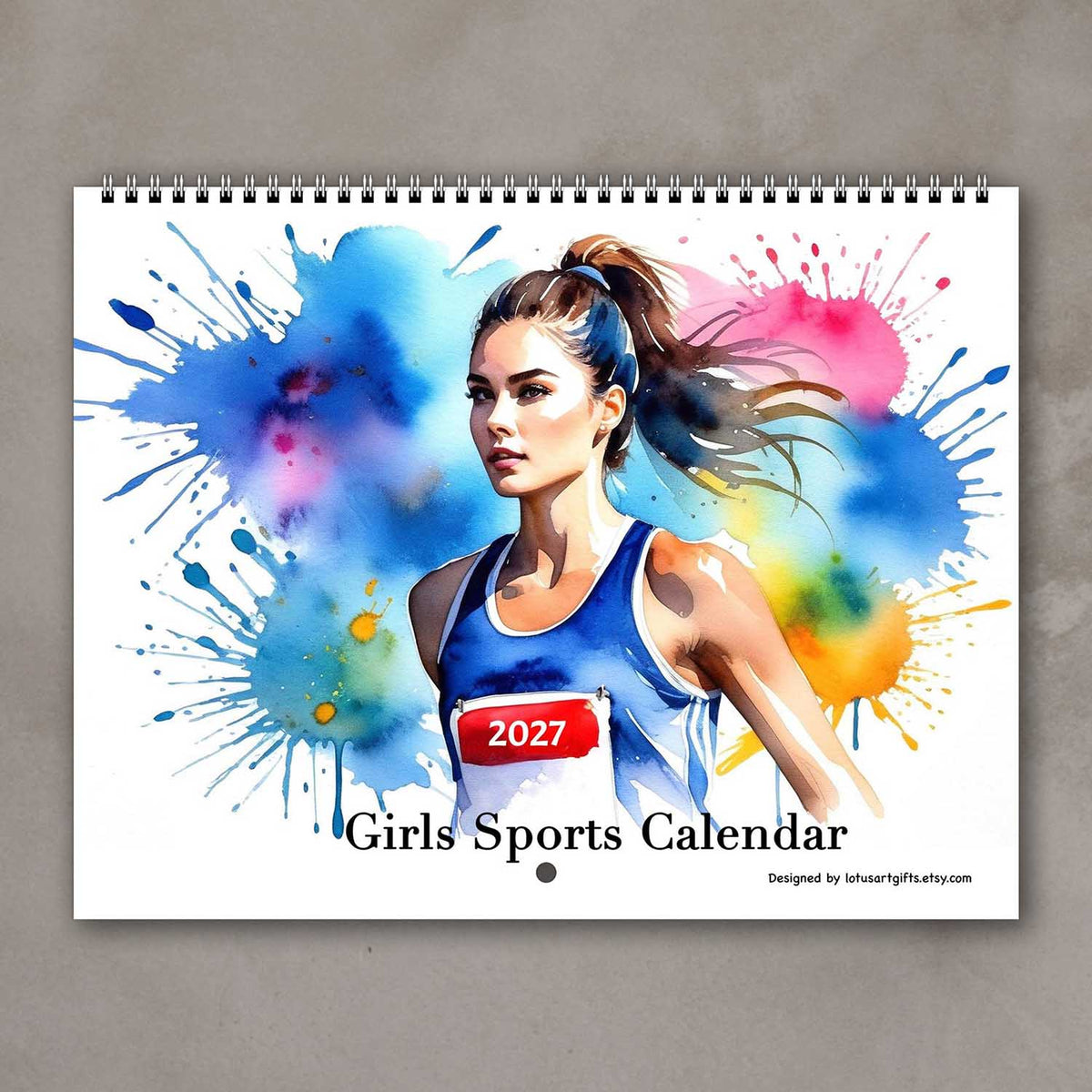 2027 Girls sports watercolor wall art calendar cover with multicolor female athlete design, planner for girls