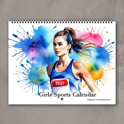 2027 Girls sports watercolor wall art calendar cover with multicolor female athlete design, planner for girls