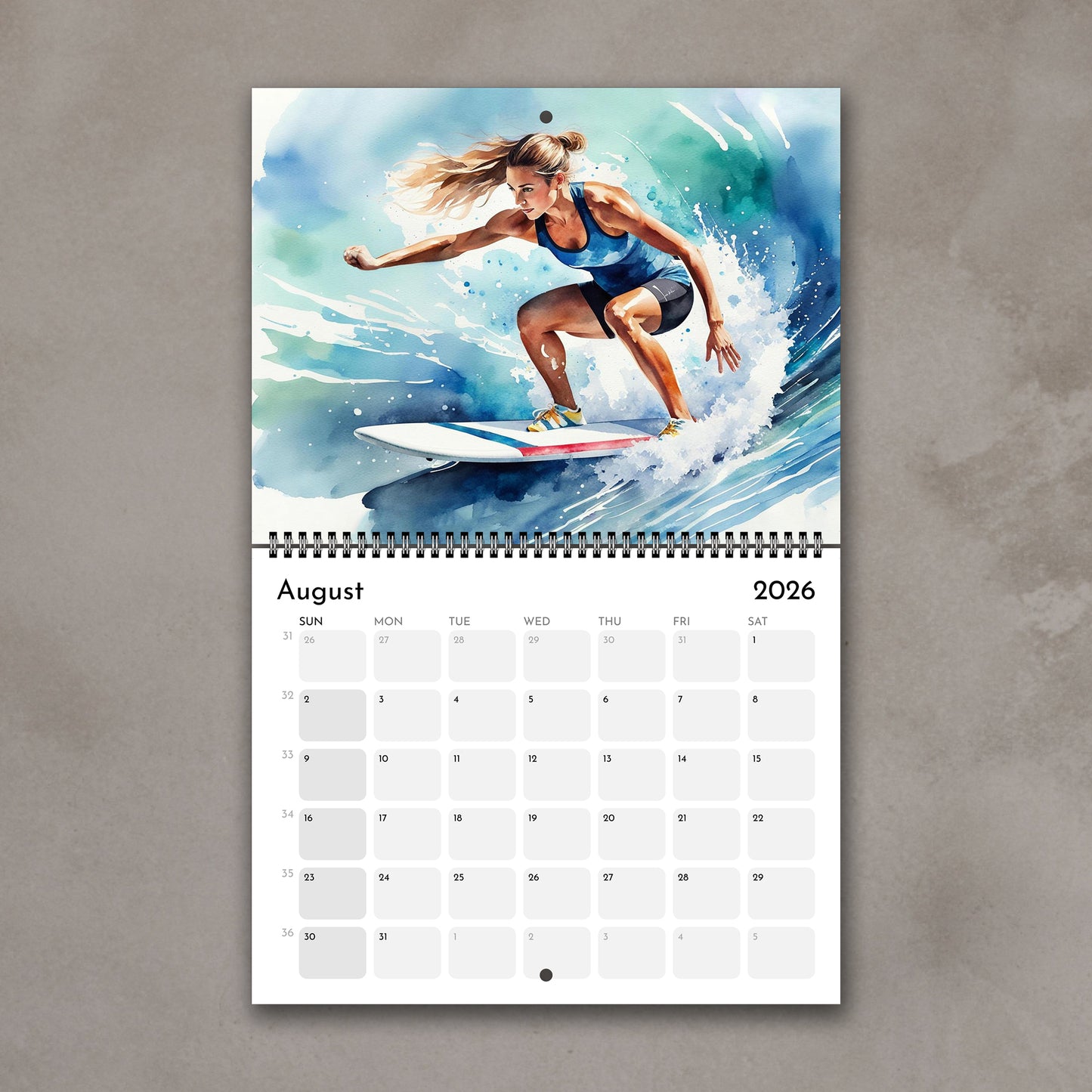 2026 Girls sports watercolor wall art calendar August page with surfing girl design, planner & sports art gift for girls