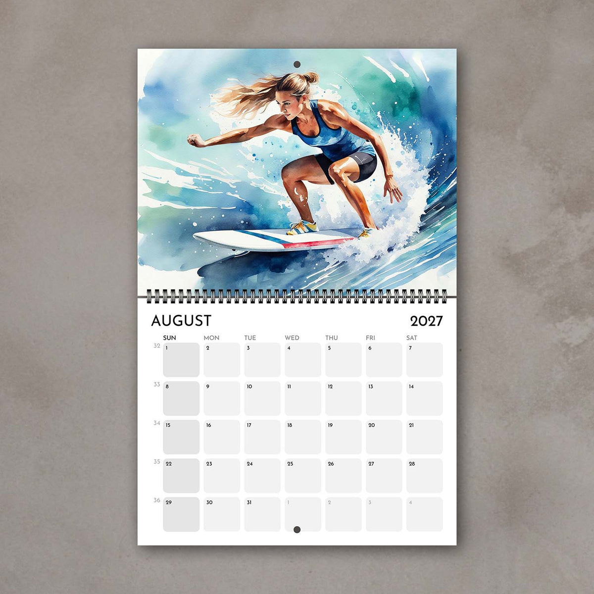 2027 Girls sports watercolor wall art calendar August page with surfing girl artwork in vivid blue and turquoise tones