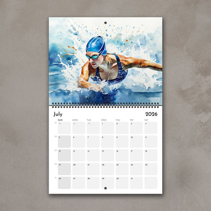 2026 Girls sports watercolor wall art calendar July page with swimming girl design, planner & sports art gift for girls