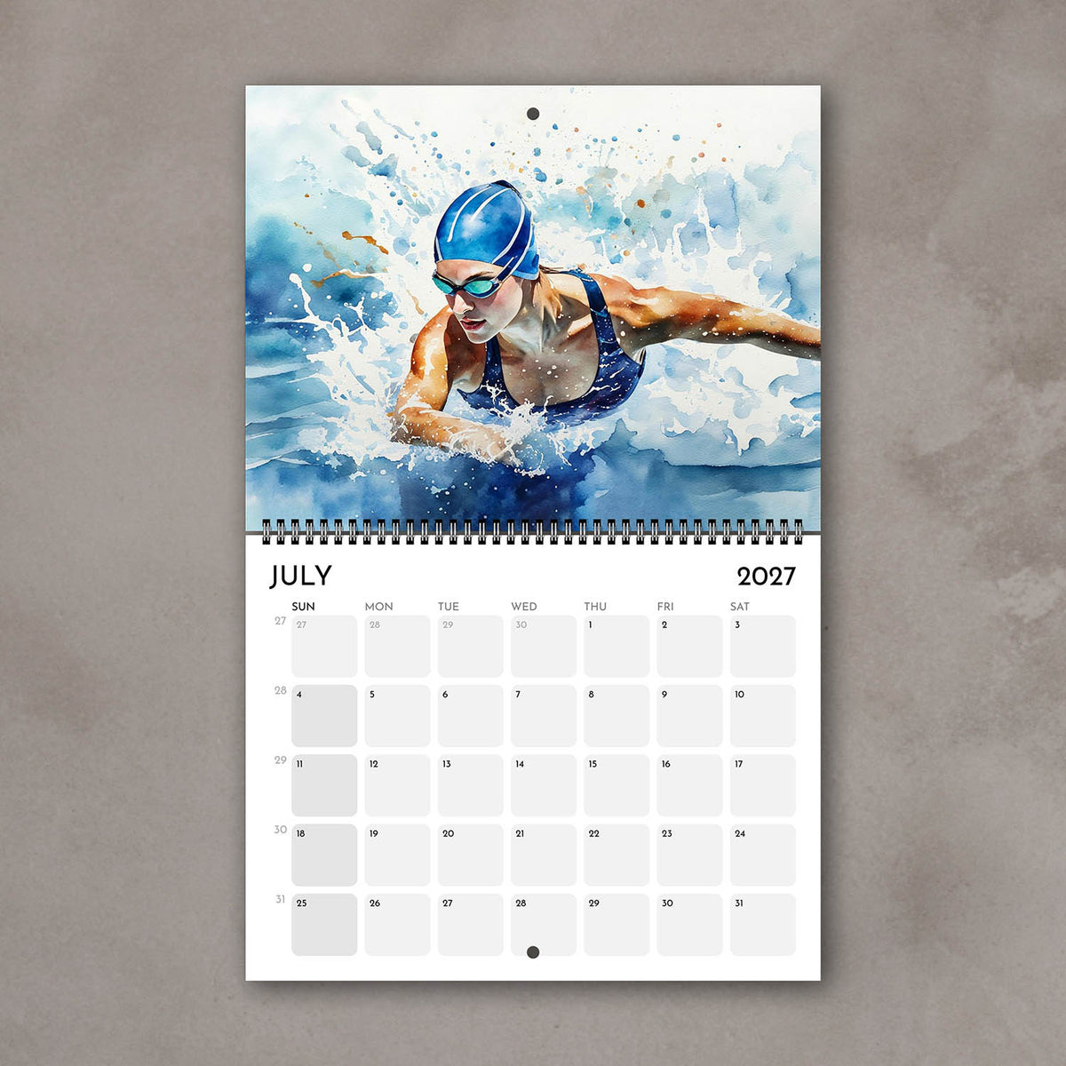 2027 Girls sports watercolor wall art calendar July page with swimming girl design in vivid blue tones