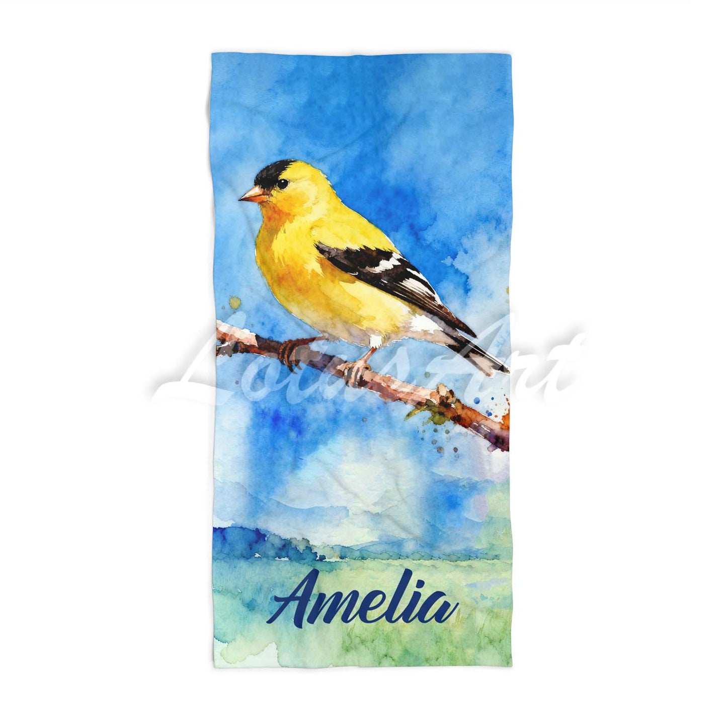 Personalized goldfinch watercolor beach towel, custom name bird lover gift, yellow bird art print featured