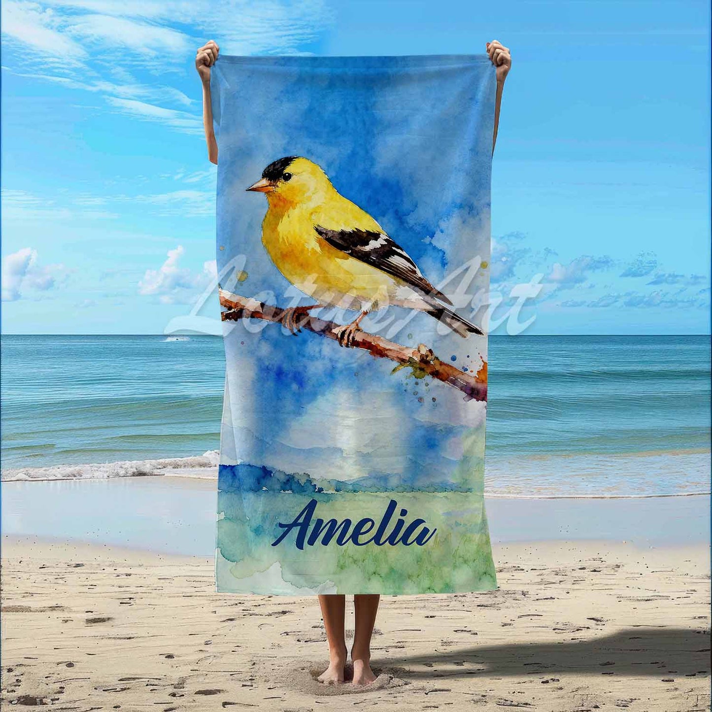 Personalized goldfinch watercolor beach towel, custom name bird lover gift, yellow bird art print lifestyle beach