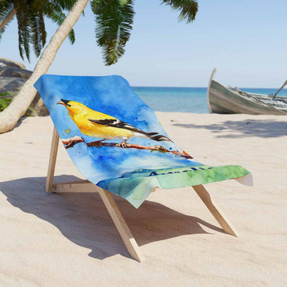 Personalized goldfinch watercolor beach towel, custom name bird lover gift, yellow bird art print lifestyle lounger