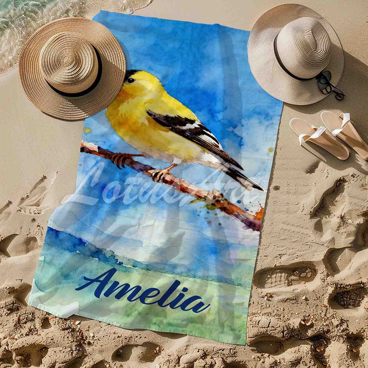 Personalized goldfinch watercolor beach towel, custom name bird lover gift, yellow bird art print lifestyle sand