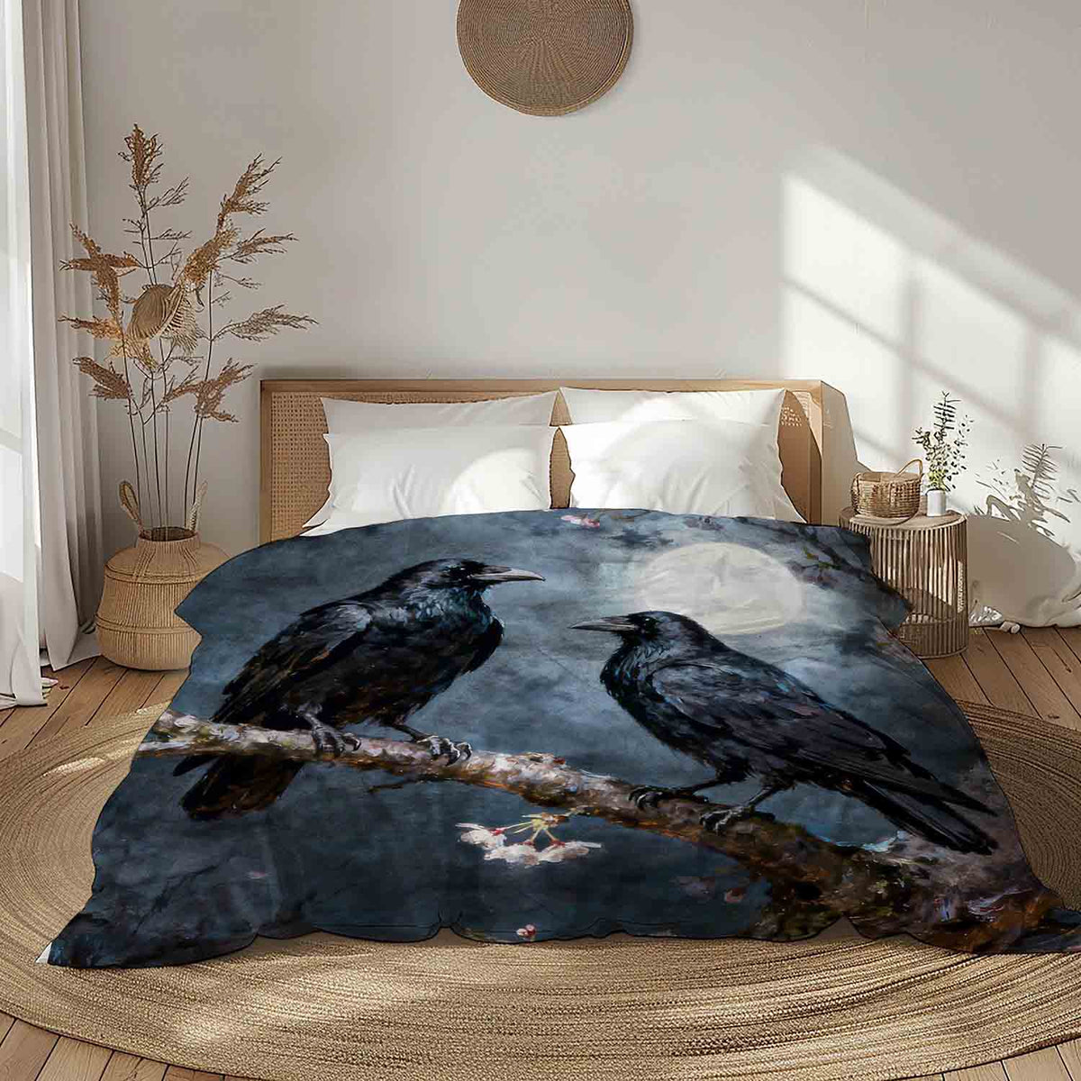 Gothic dark romance raven comforter with bird couple art, alternative black bedding for moody bedroom decor