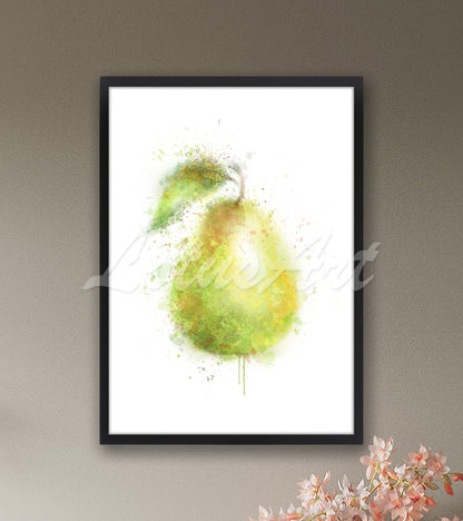 Green pear watercolor print yellow tones - kitchen botanical artwork