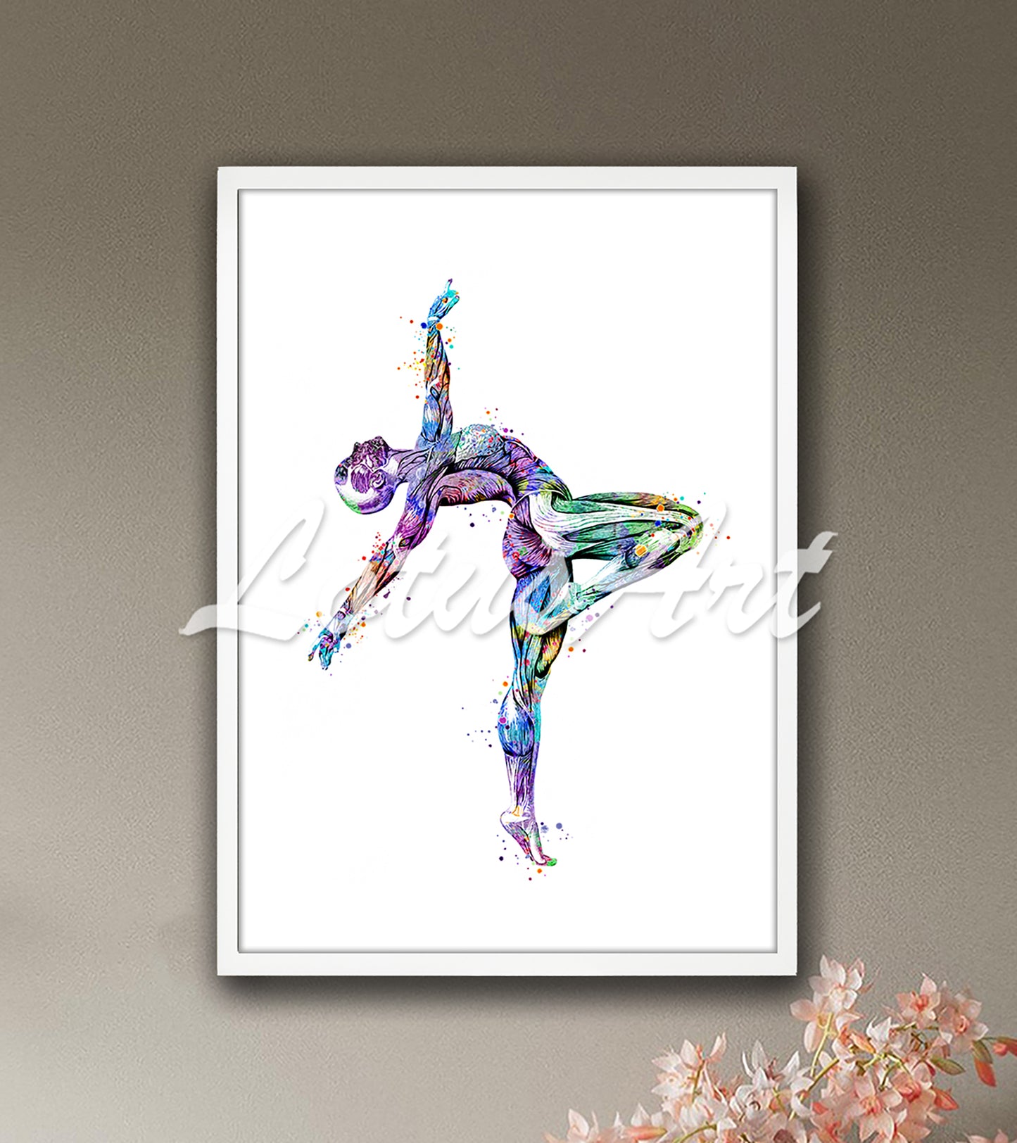 Gymnast body muscles anatomy in dynamic pose multicolor sports watercolor - rehabilitation medical artwork