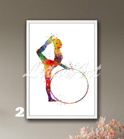 Gymnast girl with hoop watercolor sports art - rhythmic gymnastics wall decor