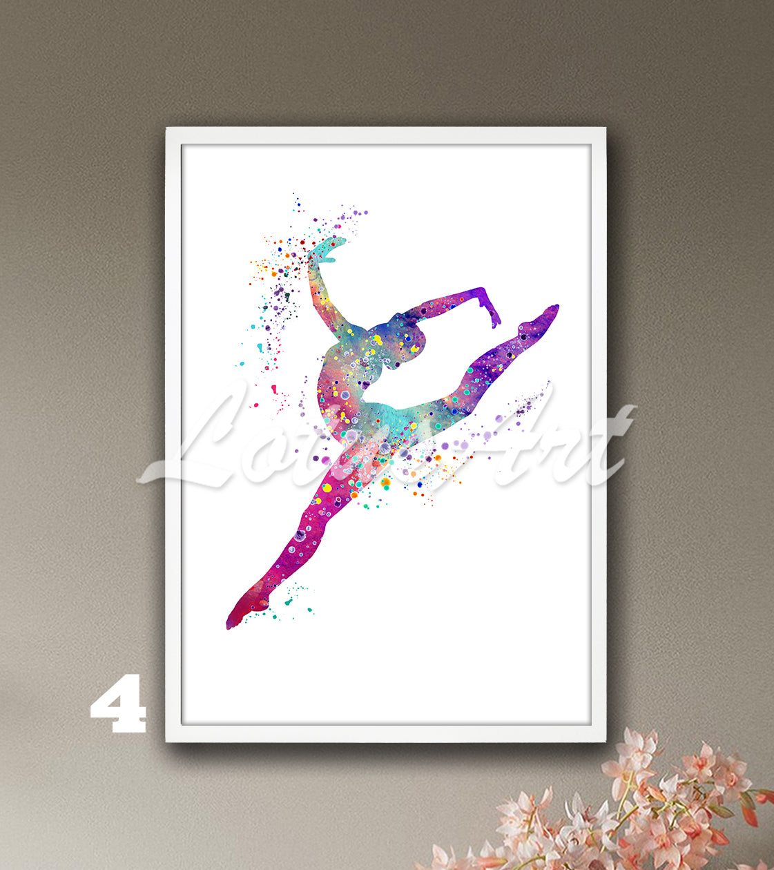 Gymnast girl watercolor sports wall art decor in bright tones - rhythmic gymnastics print