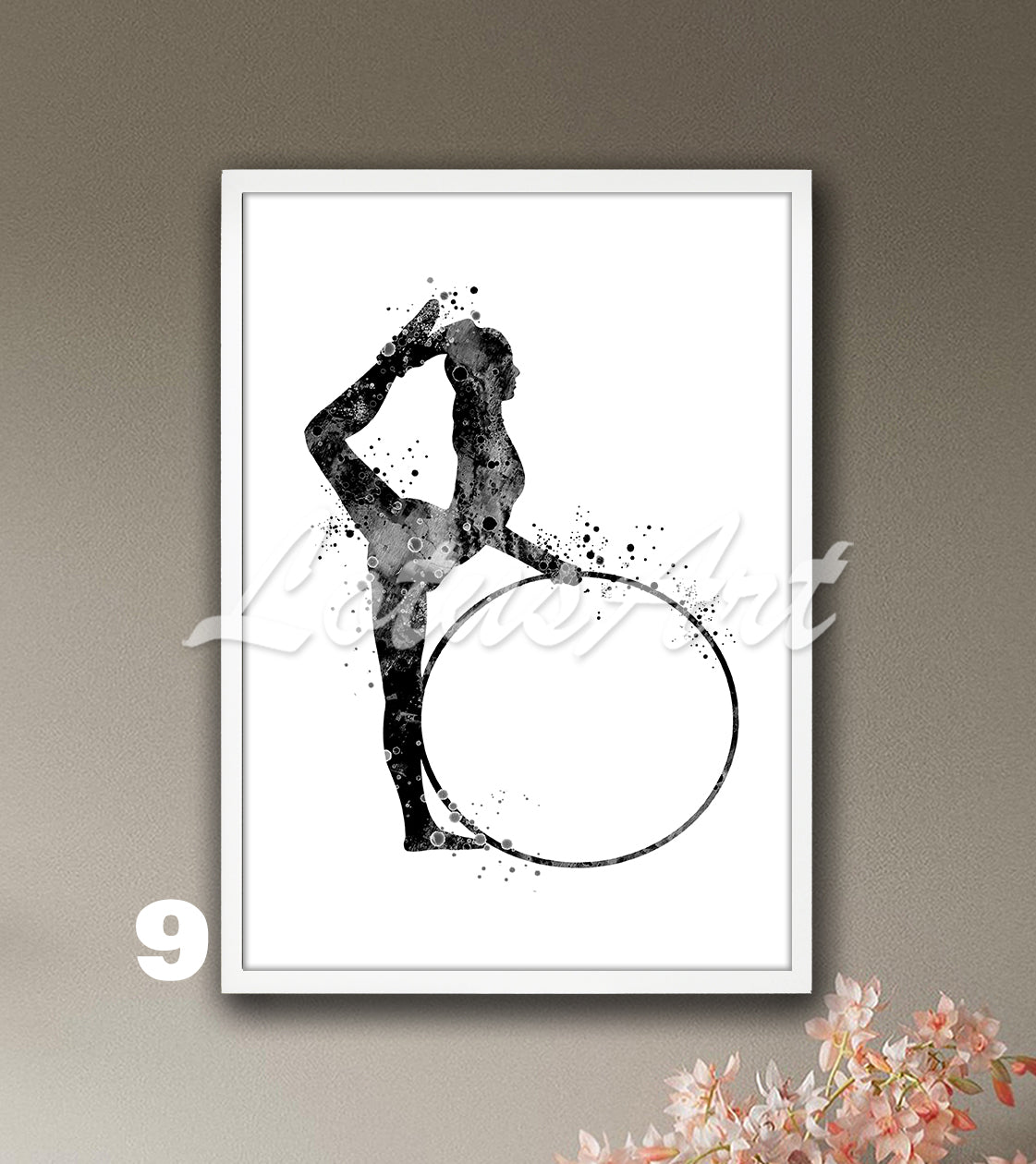 Rhythmic gymnast girl with hoop watercolor print - black and white wall art