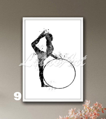 Rhythmic gymnast girl with hoop watercolor print - black and white wall art